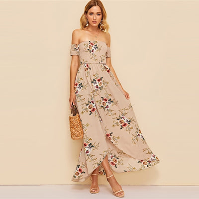 Blushing Blooms Nude Bardot Maxi Dress - Fashion Genie Boutique