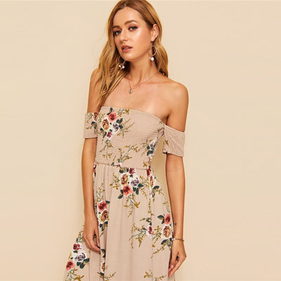 Blushing Blooms Nude Bardot Maxi Dress - Fashion Genie Boutique