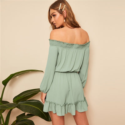 Seaside Skipper Green Bardot Smock Mini Dress - Fashion Genie Boutique