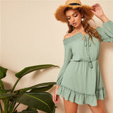 Seaside Skipper Green Bardot Smock Mini Dress - Fashion Genie Boutique