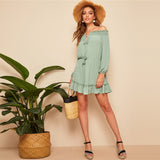 Seaside Skipper Green Bardot Smock Mini Dress - Fashion Genie Boutique