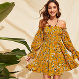 Attention To Detail Yellow Floral Bardot Long Sleeve Mini Dress - Fashion Genie Boutique