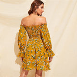 Attention To Detail Yellow Floral Bardot Long Sleeve Mini Dress - Fashion Genie Boutique