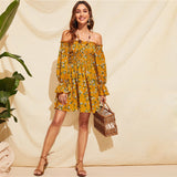 Attention To Detail Yellow Floral Bardot Long Sleeve Mini Dress - Fashion Genie Boutique