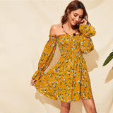 Attention To Detail Yellow Floral Bardot Long Sleeve Mini Dress - Fashion Genie Boutique