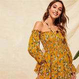 Attention To Detail Yellow Floral Bardot Long Sleeve Mini Dress - Fashion Genie Boutique