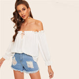 Shopping Spree White Bardot Long Sleeve Gypsy Top - Fashion Genie Boutique