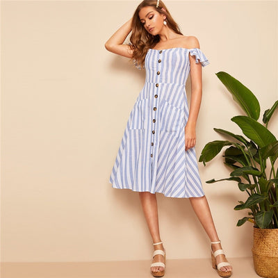 By The Pier Blue Bardot Stripe Smock Midi Dress - Fashion Genie Boutique