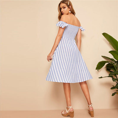 By The Pier Blue Bardot Stripe Smock Midi Dress - Fashion Genie Boutique