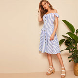 By The Pier Blue Bardot Stripe Smock Midi Dress - Fashion Genie Boutique