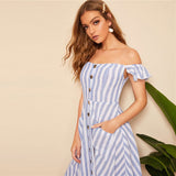 By The Pier Blue Bardot Stripe Smock Midi Dress - Fashion Genie Boutique
