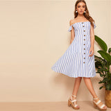 By The Pier Blue Bardot Stripe Smock Midi Dress - Fashion Genie Boutique