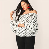 Attention To Detail White Polka Dot Long Sleeve Bardot Top - Plus Size - Fashion Genie Boutique