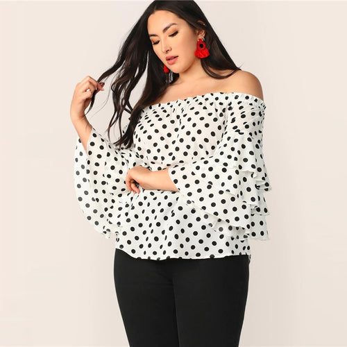 Attention To Detail White Polka Dot Long Sleeve Bardot Top - Plus Size - Fashion Genie Boutique