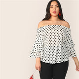Attention To Detail White Polka Dot Long Sleeve Bardot Top - Plus Size - Fashion Genie Boutique
