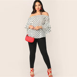 Attention To Detail White Polka Dot Long Sleeve Bardot Top - Plus Size - Fashion Genie Boutique