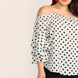 Attention To Detail White Polka Dot Long Sleeve Bardot Top - Plus Size - Fashion Genie Boutique